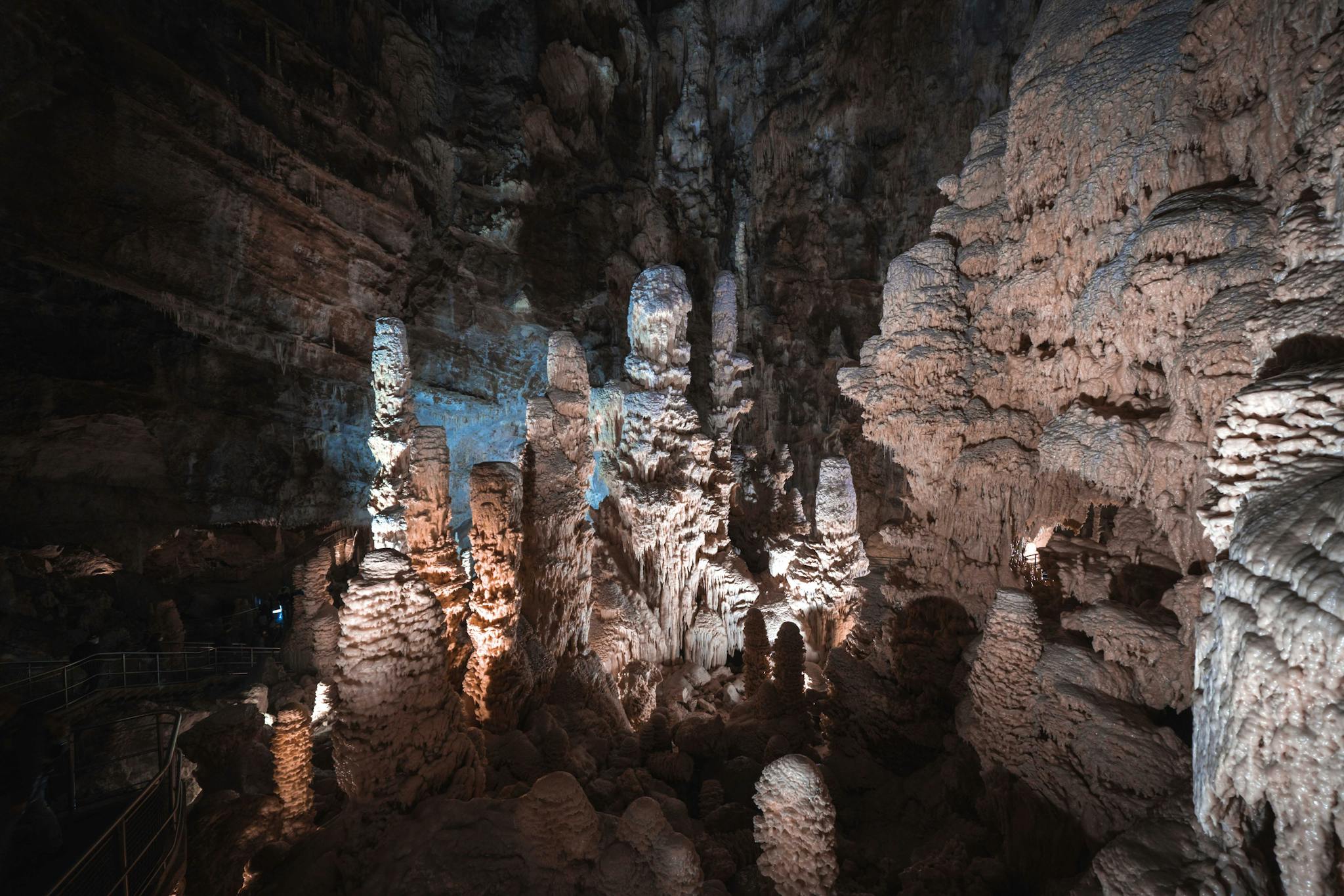 Intricate rock formations inside Avène d'Orgnac, a famous cave in France.
